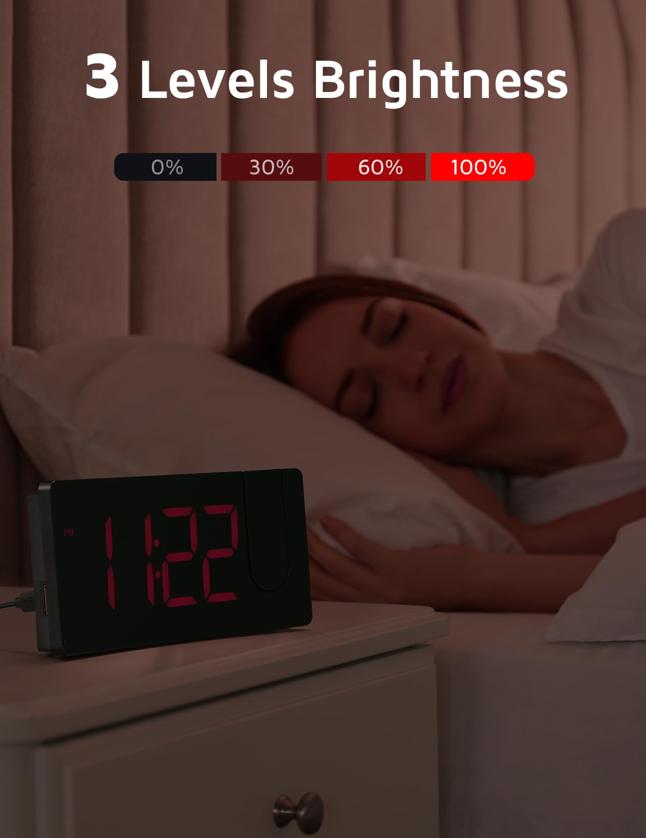 Digital Clock with 180° Rotatable Projector, 3-Level Brightness Dimmer, Clear LED Display, USB Charger, Progressive Volume, 9mins Snooze,12/24H, for Bedroom