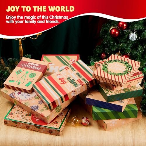 JOYIN 12 Pcs Christmas Aluminum Foil Kraft Paper Gift 3 sizes Boxes with Base, Xmas Shirt Wrap Box, Holiday Present Box for Birthday Party Favors Decorations Gift-Giving, 12 Design