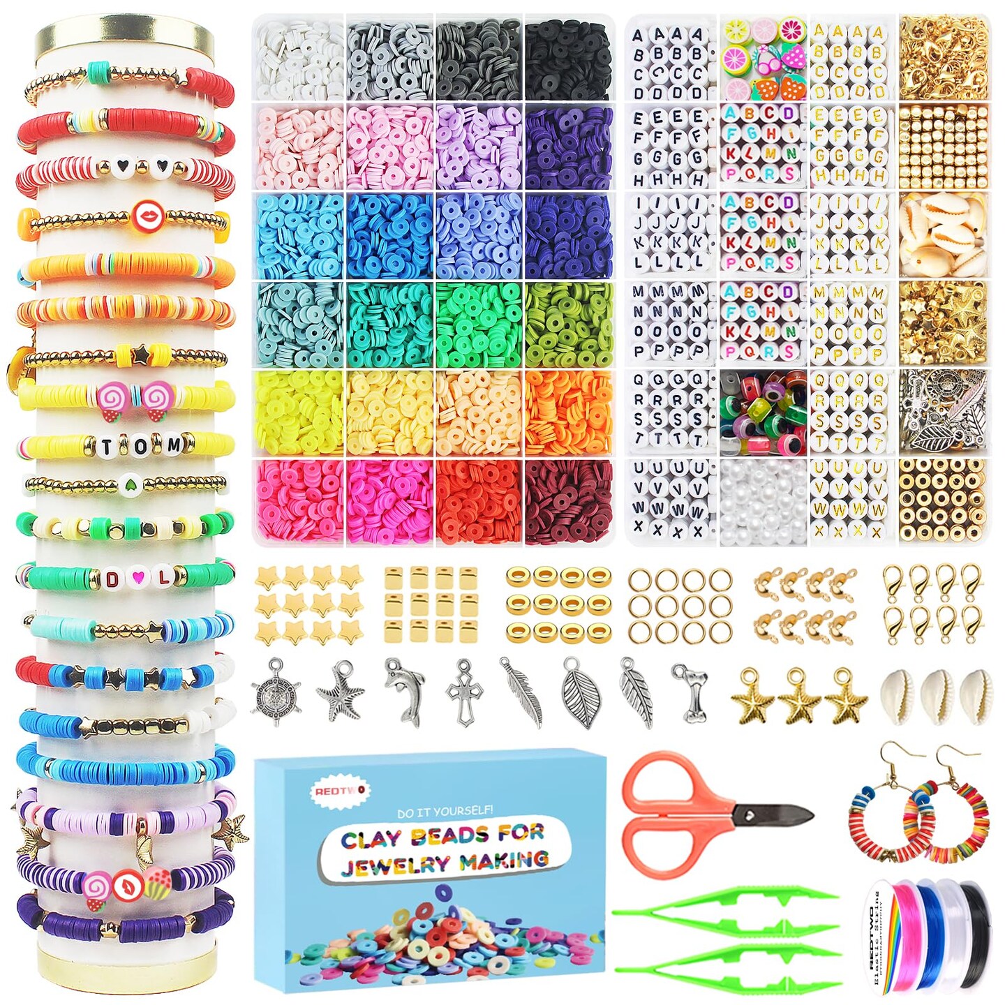 7200 Pieces Clay Beads Bracelet Making Kit, Preppy Friendship Flat Polymer Heishi Beads Jewelry Kits with Charms and Elastic Strings,Crafts Gifts Set for Girls Ages 8-12(2 Boxes)
