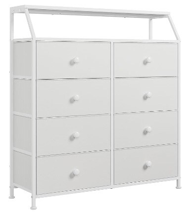 Bedroom Drawer Dresser with Shelves Large Capacity Organizer Tower for Closet with Faux Leather Chest of Drawers Tall Dressers for Living Room Hallway with Wood Top and Sturdy Steel Frame