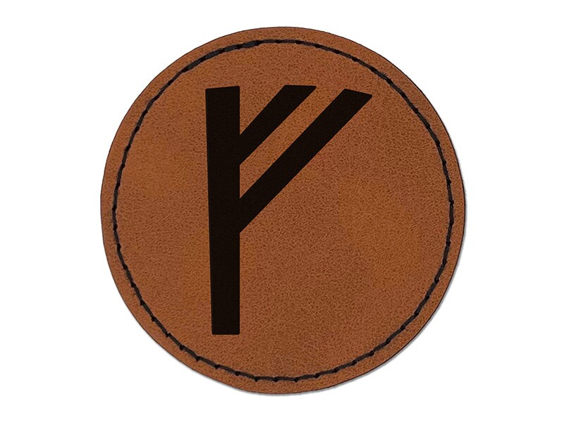 Norse Viking Dwarven Rune Letter F Round Iron-On Engraved Faux Leather Patch Applique - 2.5&#x22;