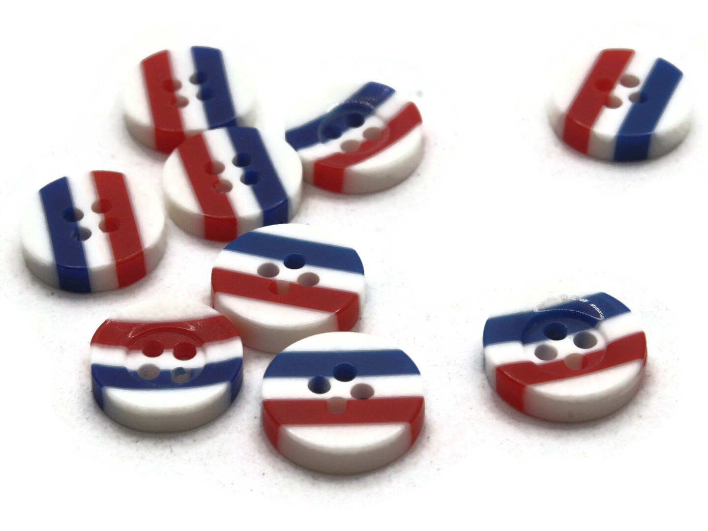 10 13mm Blue White and Red Striped Resin Flat Round Plastic Four Hole Buttons