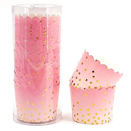 Party Hippo Cupcake Cups, 4.5 Oz 25 pcs Disposable Foil Muffin Liners, Gold Cupcake Baking Cups, Baking Cups (Gold Dots Pink)