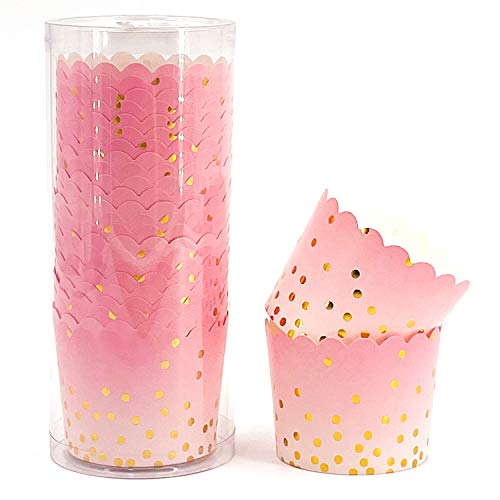 25 Pieces Party Hippo Cupcake Cups, 4.5 Oz Disposable Foil Muffin Liners, Gold Cupcake Baking Cups, Baking Cups (Gold Dots Pink)