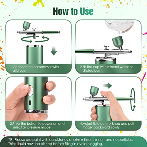 Cordless Airbrush Kit with Compressor Portable Nail Airbrush Machine 0.3mm Nozzle Rechargeable Air Brush Kit for Model Painting Makeup Barber Tattoo Food Cake Decor