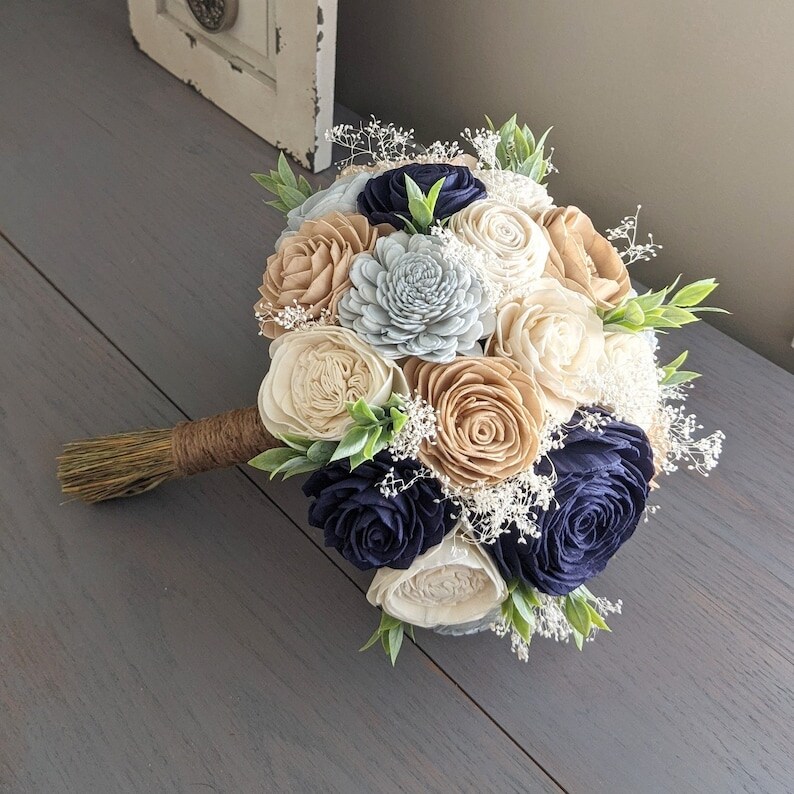 Navy, Dusty Blue, Nude, and Ivory Sola Wood Flower Bouquet with Baby's
