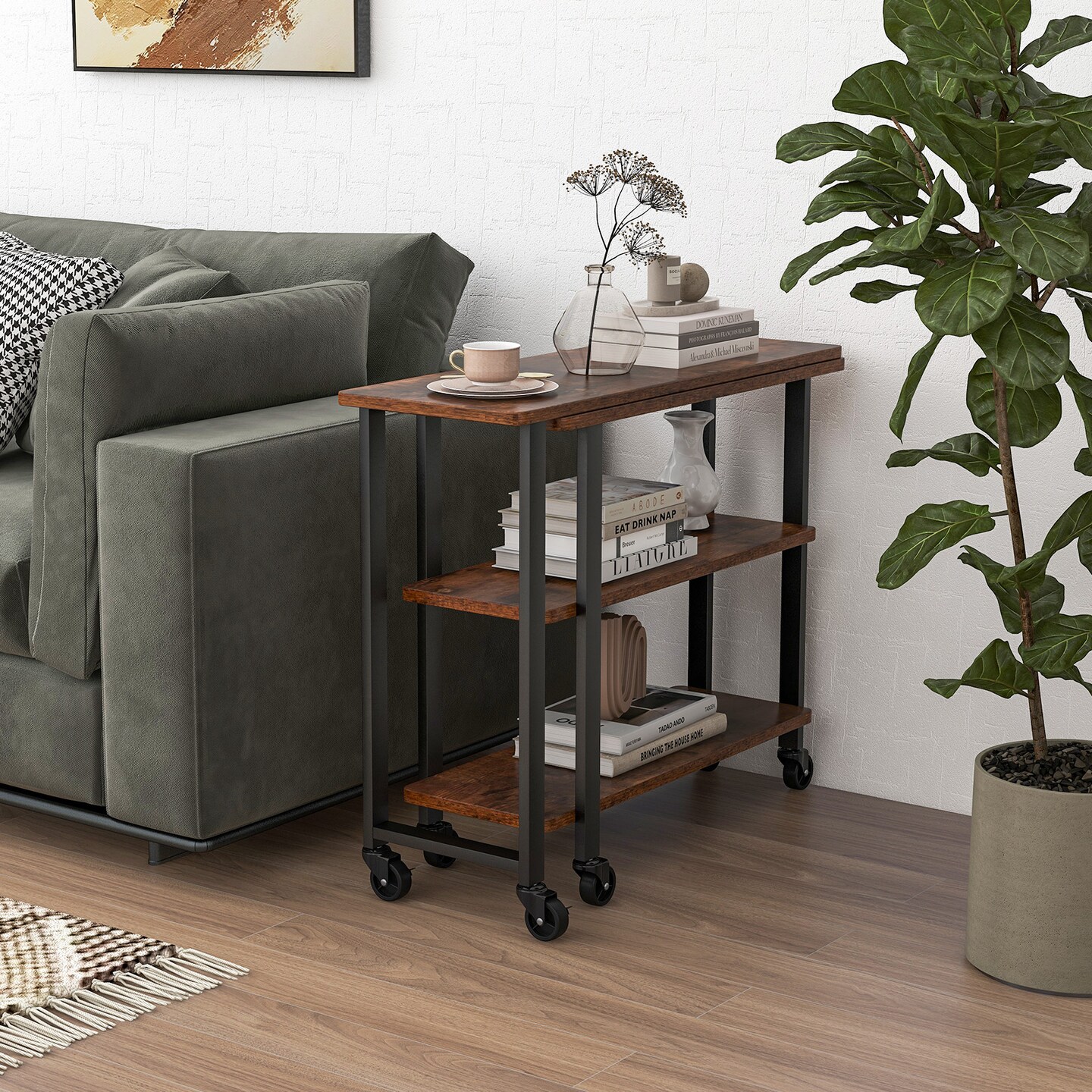Rotating Sofa Side Table with Wheels Sliding Laptop Desk with Storage Shelves for Small Spaces