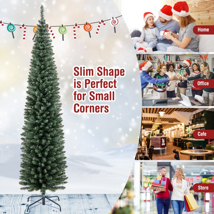 5/6/7/8/9 Feet Pre-lit Pencil Artificial Christmas Tree with 150/180/200//300/400 Warm White LED Lights