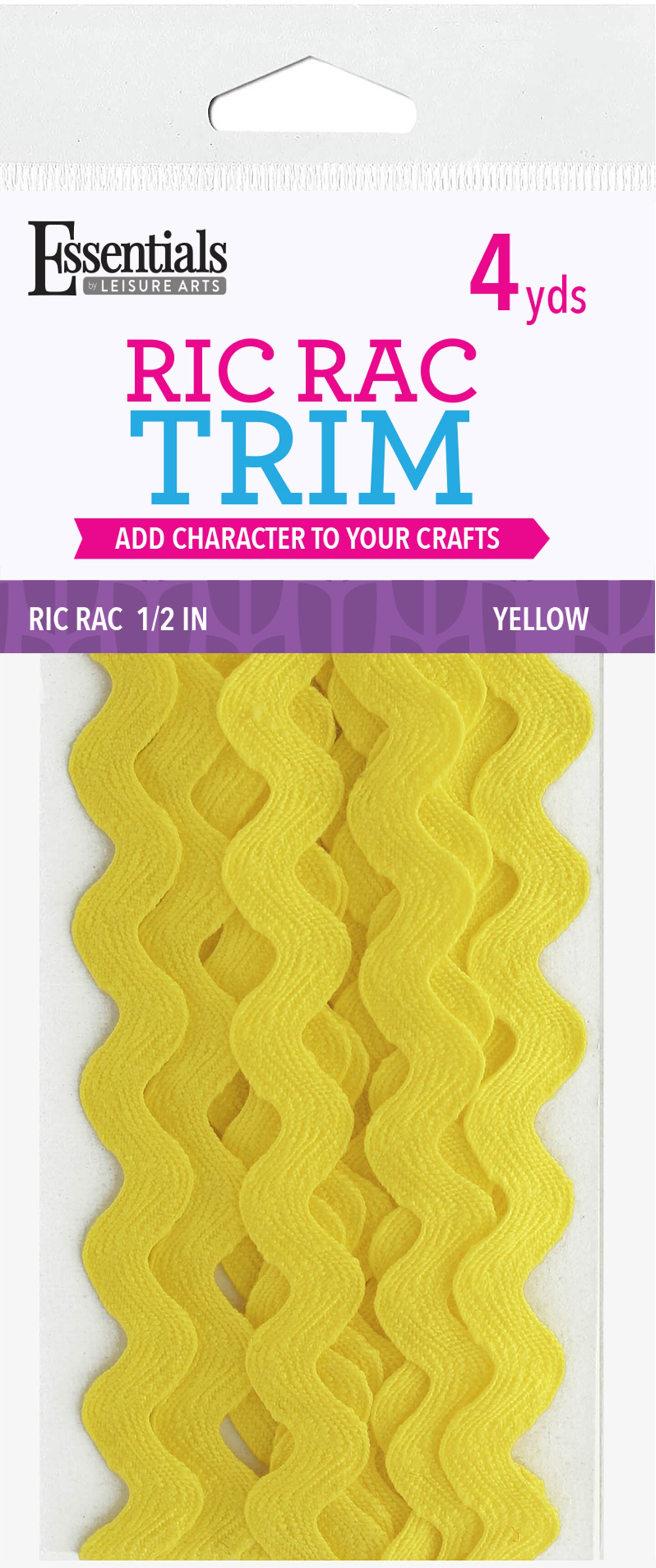 Essentials By Leisure Arts Ric Rac 1/2" 4 yards Yellow - rick rack trim for sewing - wavy ric rac trim for sewing and crafts - ric rac ribbon - rick rack trim yellow