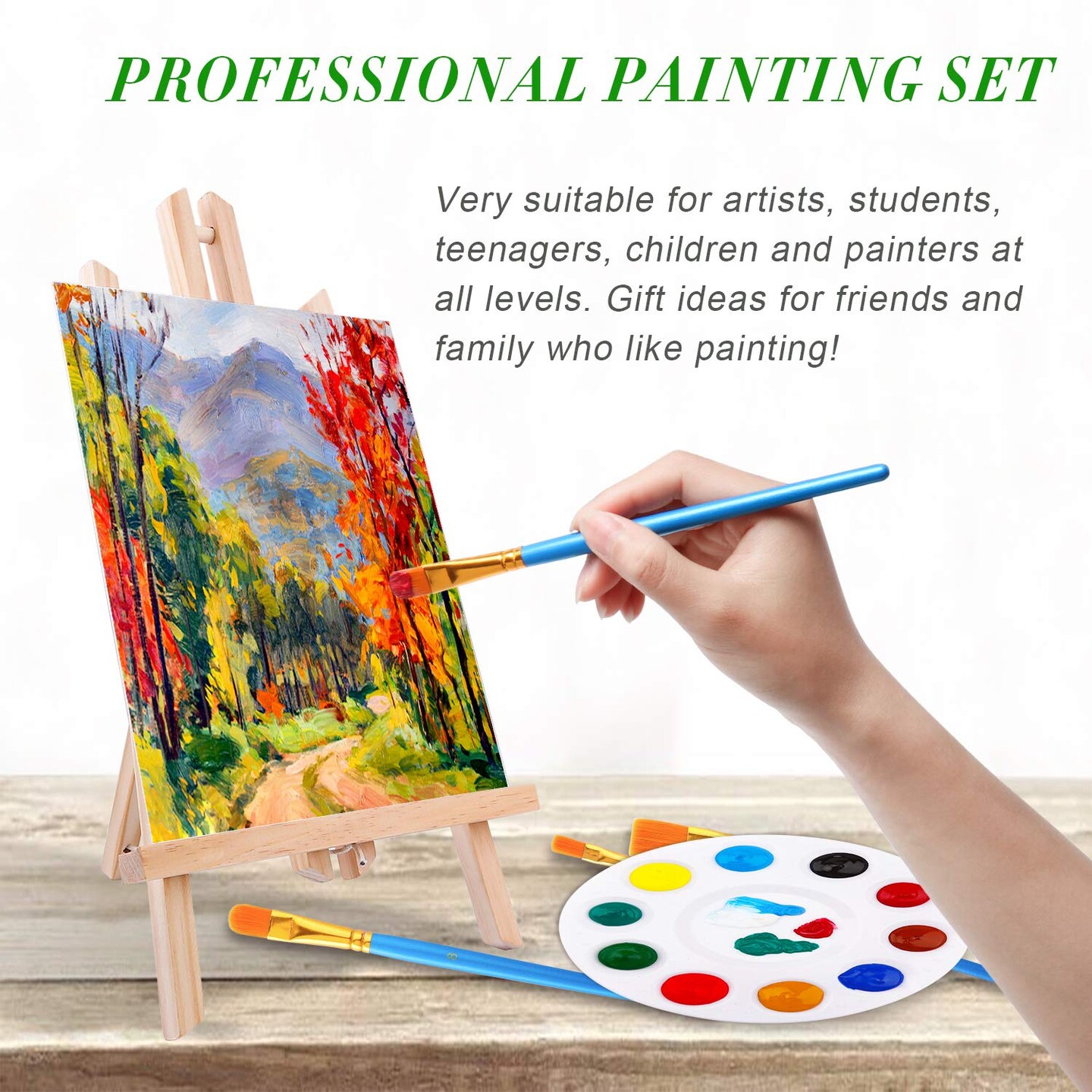 Acrylic Paint Set with Wooden Easel, 3 Canvas Panels, 30 Brushes, Paint Plates, and 12ml Acrylics in 12 Colors for Artists