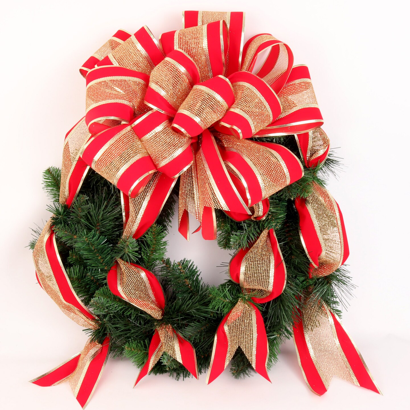 20&#x22; Deluxe Evergreen Wreath with Gold &#x26; Red Mesh Bow by Floral Home&#xAE;