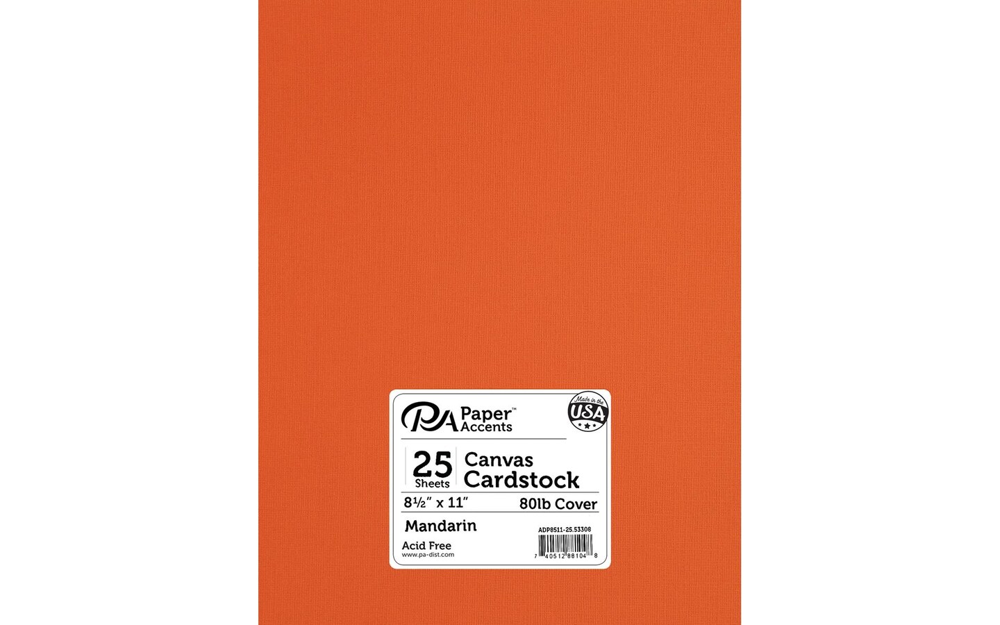 PA Paper Accents Canvas Cardstock 8.5&#x22; x 11&#x22; Mandarin, 80lb colored cardstock paper for card making, scrapbooking, printing, quilling and crafts, 25 piece pack