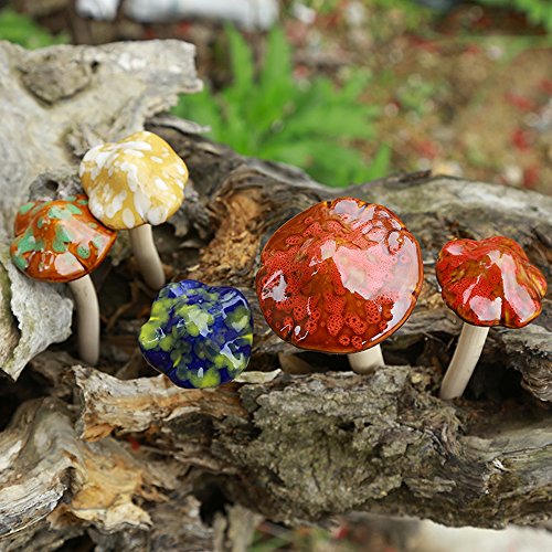4 Pieces (Random Color) Ceramic Mushroom for Garden, Yard, Fairy Garden - Lawn Ornament D&#xE9;cor, Pottery Ornament 4.52&#x22; in Height (Dark Version)