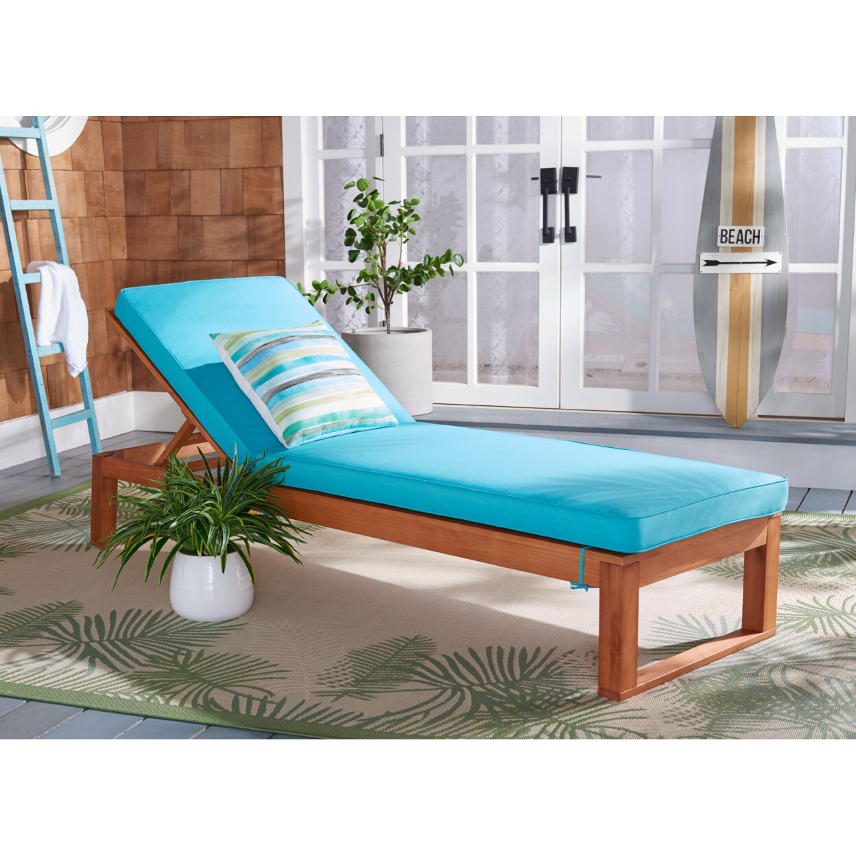 Safavieh Outdoor Collection Solano Chaise Sunlounger Natural Wood/Aqua |  Michaels