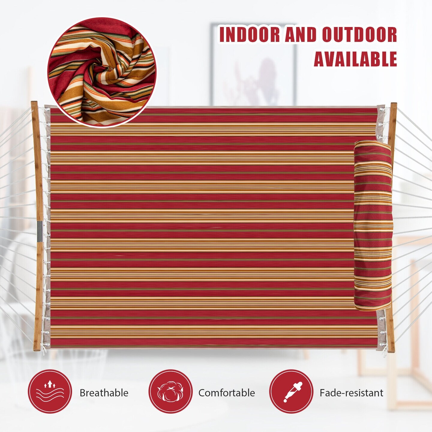 2-Person Outdoor Hammock with Pillow &#x2013; Polyester Fabric, Bamboo Spreader Bars