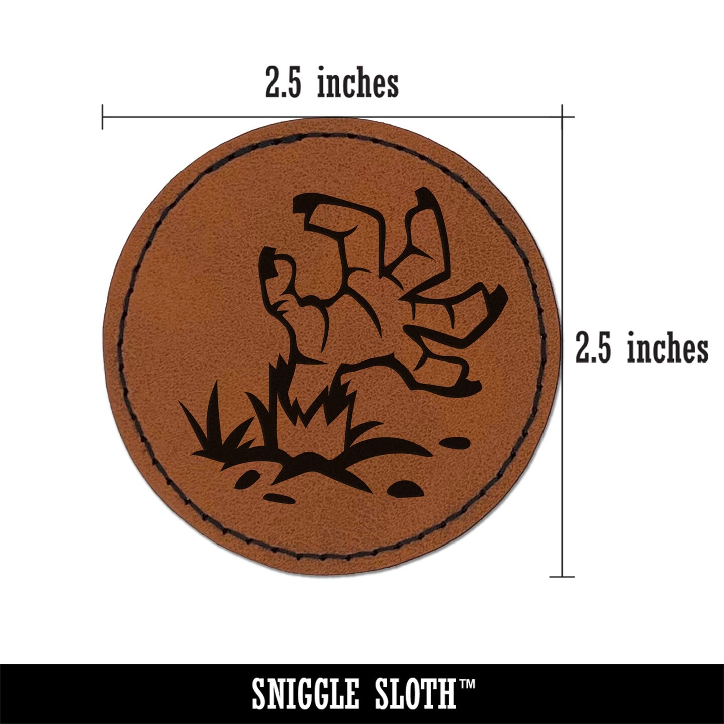 Zombie Hand Popping Out of Ground Halloween Round Iron-On Engraved Faux Leather Patch Applique - 2.5&#x22;