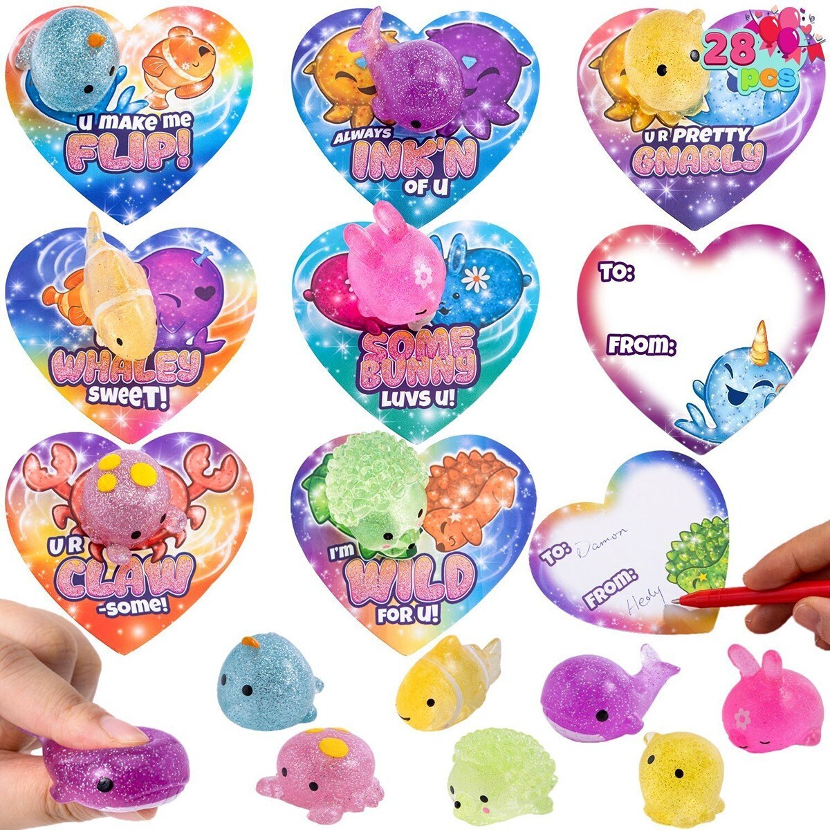 Mini Glitter Mochi Squishy Toys with Valentine&#x27;s Day Cards