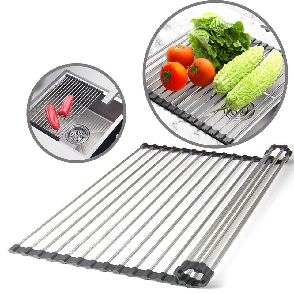 Kitchen Stainless Steel Sink Drain Rack Roll Up Dish Rack Food.