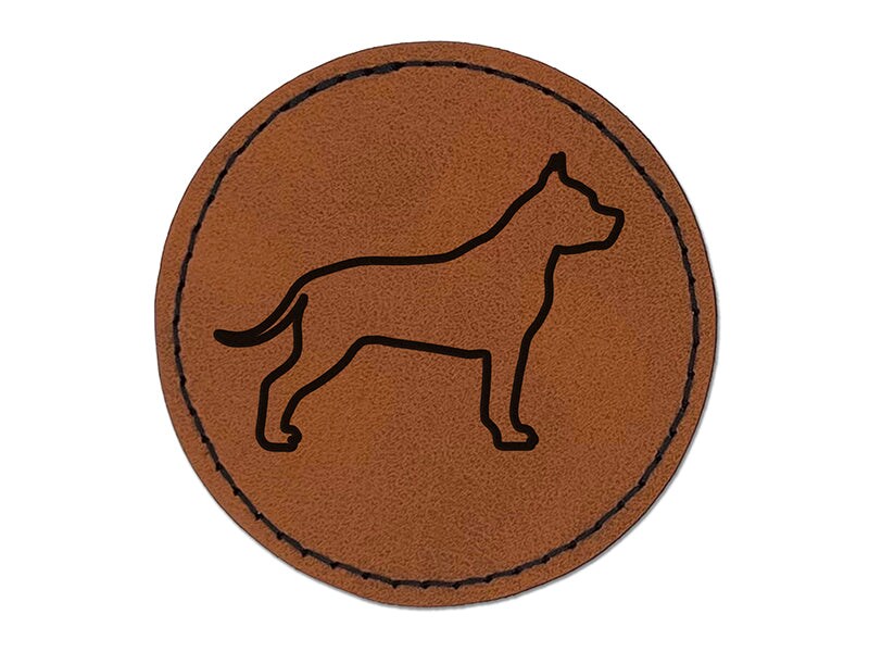 American Staffordshire Terrier Amstaff Dog Outline Round Iron-On Engraved Faux Leather Patch Applique - 2.5&#x22;