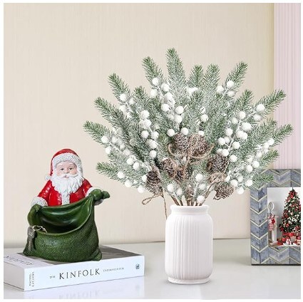8 Pack Snow Frosted Christmas Berries Pine Picks Artificial White Berry Pine Branches Faux Pine Stem with Pine Cones for Xmas Tree Wreath DIY Craft Floral Arrangement Holiday Decor (White)