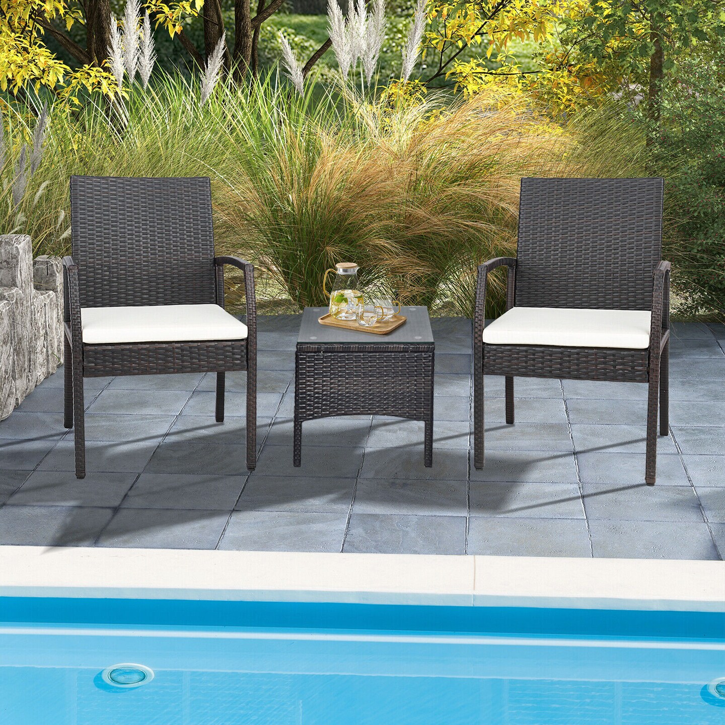 Patio Wicker Dining Armchair Set with Soft Zippered Cushion