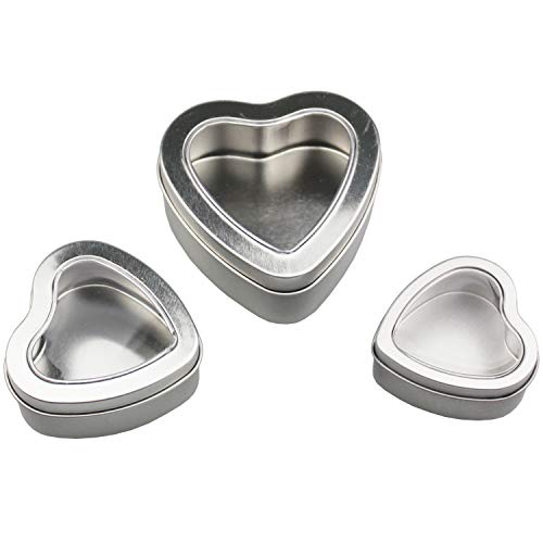 12 Pieces Heart Shaped Empty Metal Tin Cans with Clear Window Lids for Candle Making, Candies, Gifts &#x26; Treasures, Mixed Sizes