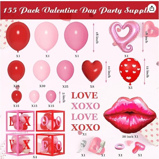 155 Pink Red Valentines Party Decorations &#x26; 4 Letter Balloon Boxes XOXO LOVE Lips Heart for Ladies