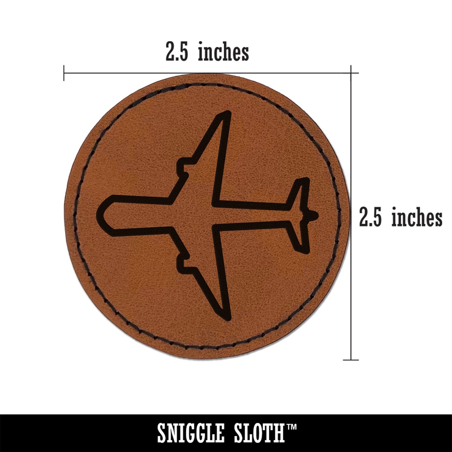 Airplane Outline Round Iron-On Engraved Faux Leather Patch Applique - 2.5&#x22;
