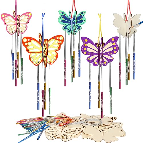 Fennoral 8 Pack 3D Butterfly Wind Chime Kit for Kids Make Your Own Butterfly Wind Chime Wooden Arts and Crafts for Kids Ornaments DIY to Paint Butterfly Craft for Spring Art Activity Birthday Party