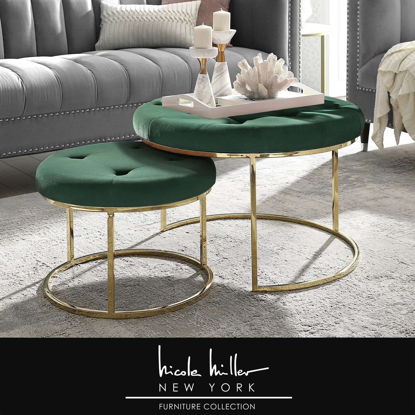 Draven PU Leather/Velvet Button Tufted Metal Frame Nesting Ottoman Set of 2