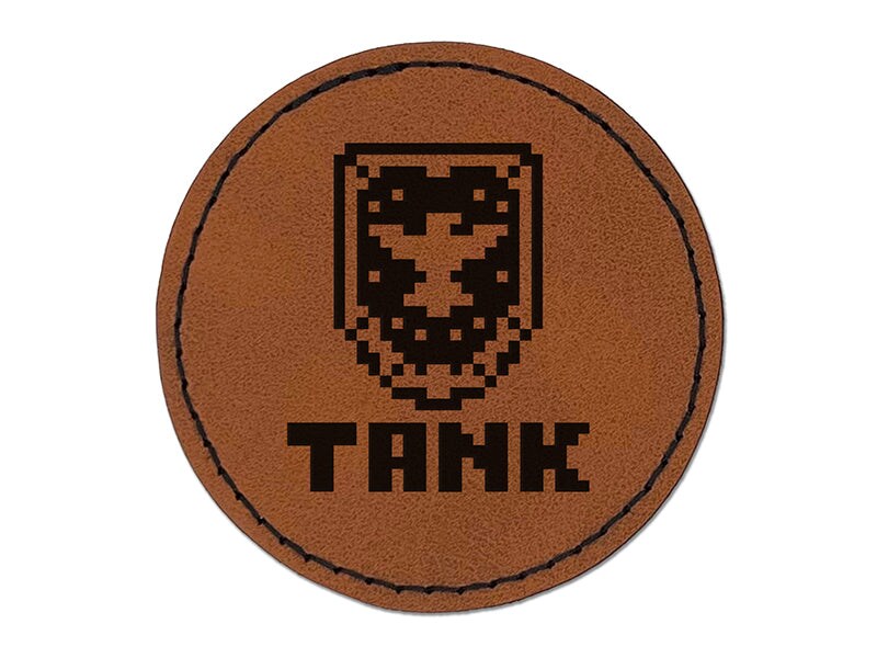 Pixel RPG Tank Warrior Shield Round Iron-On Engraved Faux Leather Patch Applique - 2.5&#x22;