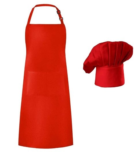 Chef Apron Hat Set, Chef Hat and Kitchen Adult Adjustable Baker Costume Apron for Men and Women Father&#x27;s Day Present (Red)