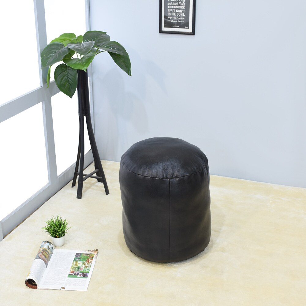 Bbh Homes Black Round Leather Pouf Ottoman Handmade Recycled Cotton Fill Bbbacpf0012