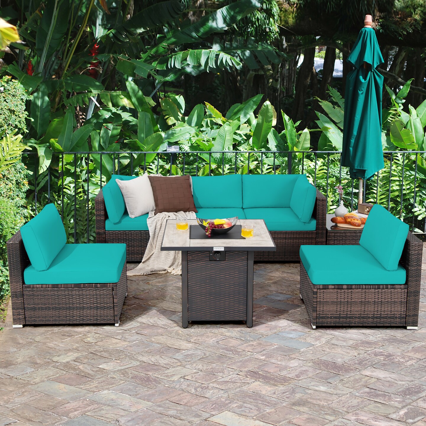 Costway 7PCS Patio Rattan Furniture Set 30'' Fire Pit Table Cover Cushion Sofa Off White\Black\Navy\Red\Turquoise