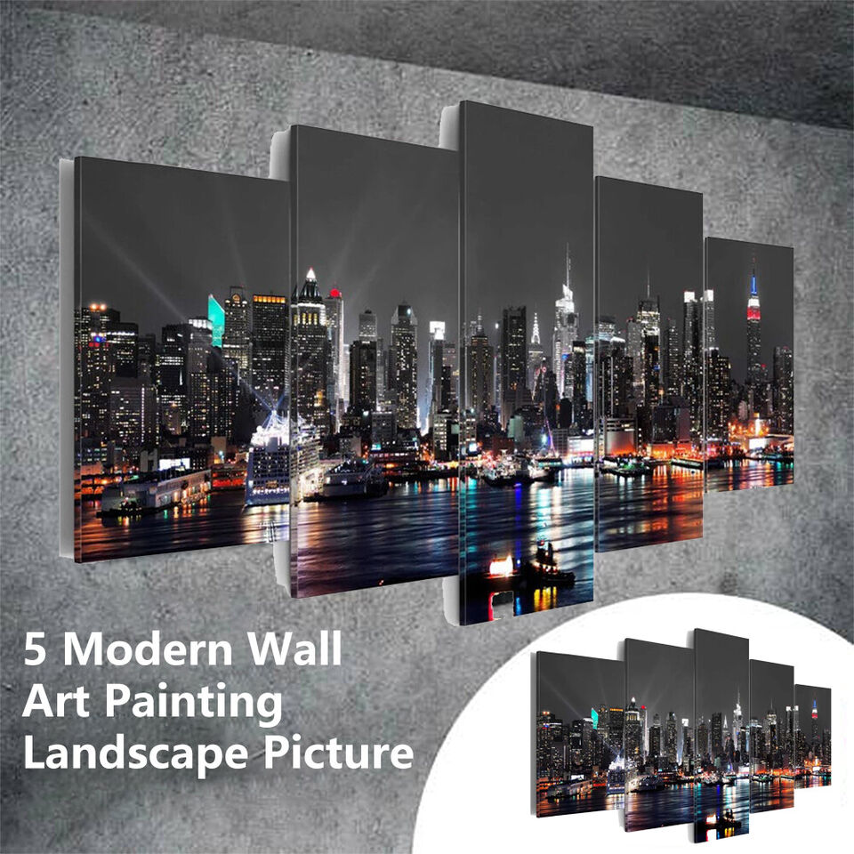 5 Pieces Canvas Wall Art Poster Print Modern City Night Painting.