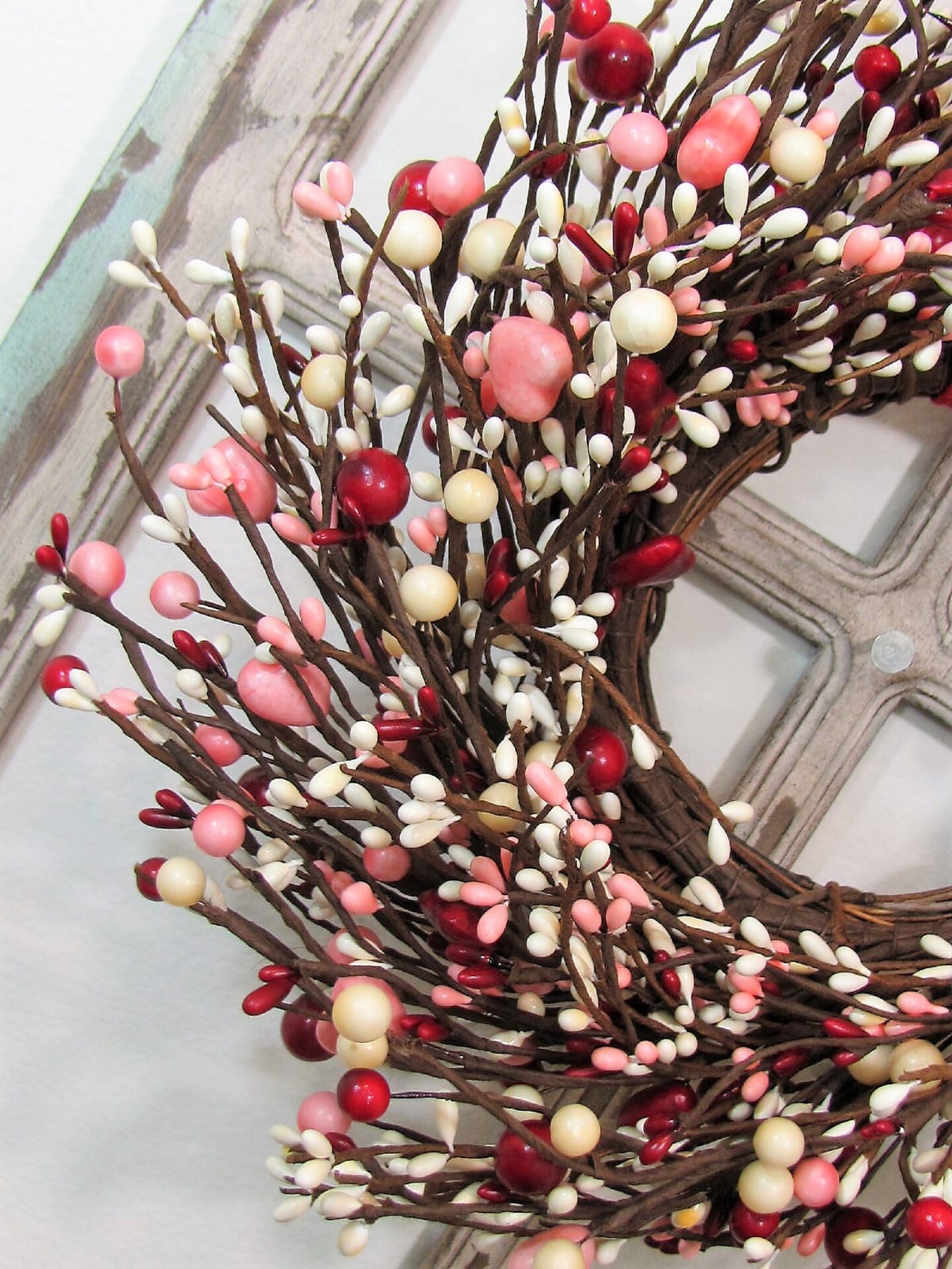 HEART WREATH Red/Pink Berry Heart Shaped Wreath Rustic Twigs 14 inches  ~LOVELY~