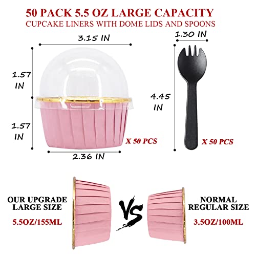 Cupcake Liners And Wrapers With Lids 50 Pack,LNYZQUS 5.5 Oz Large Foil Muffin Tins Or Liners,Disposable Baking Cups, Cupcake Wrappers Holders For Wedding Valentine-Pink in gold