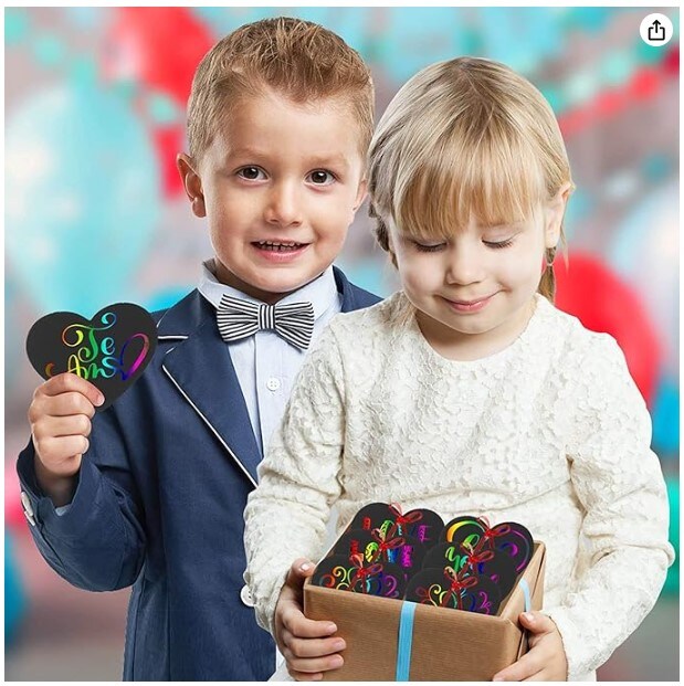 28 pieces. Valentine Crafts Scratch Paper Ornaments Heart Shaped Rainbow Scratch Craft Art