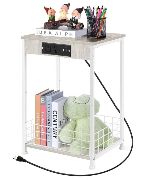 White Nightstand Bedroom End Table with Charging Station Sturdy Bed Side Table for Living Room, Narrow Bedside Night Stands with Storage and USB Ports for Small Spaces Sofa Couch