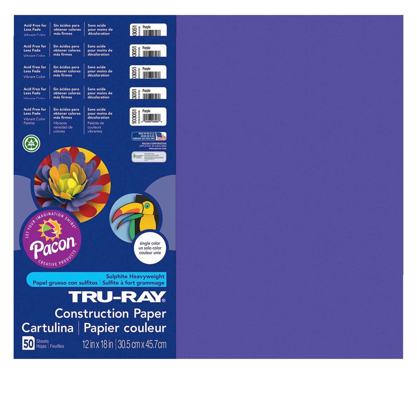 Construction Paper, Purple, 12&#x22; x 18&#x22;, 50 Sheets Per Pack, 5 Packs