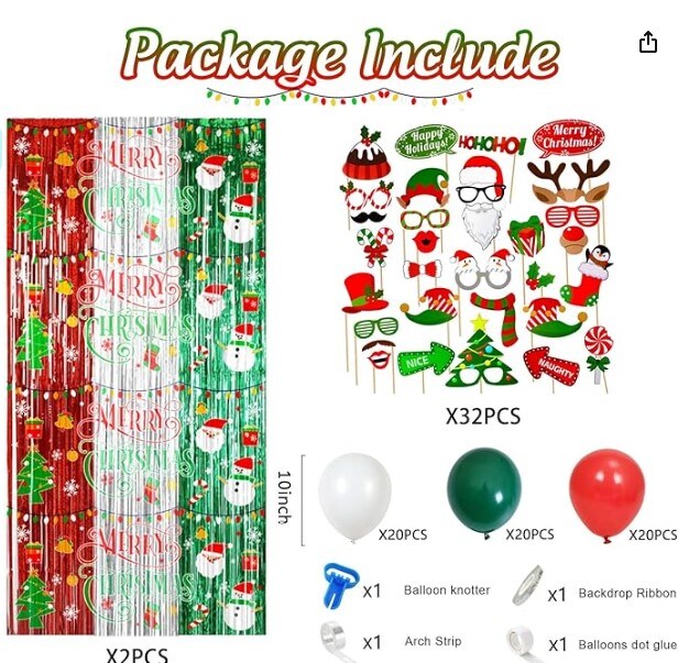 Merry Christmas Foil Fringe Tinsel Curtains Balloons Arch Garland Favors for Kids &#x26; Adults, 98pcs Christmas Decorations Set