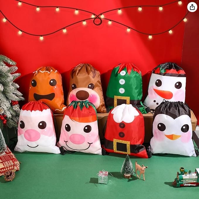 12 x 10 Inch Waterproof Gingerbread Man Santa Elk for Kids Gift Party 24 Pcs Christmas Drawstring Bag Bulk