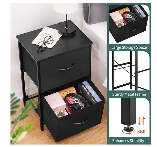 Bedside tables with drawers for small spaces, nightstands with two fabric drawers, nightstands with two nightstands, and large storage drawers Dresser for Bedside Table in Dorm