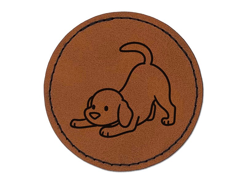 Labrador Retriever Play Bow Dog Round Iron-On Engraved Faux Leather Patch Applique - 2.5&#x22;