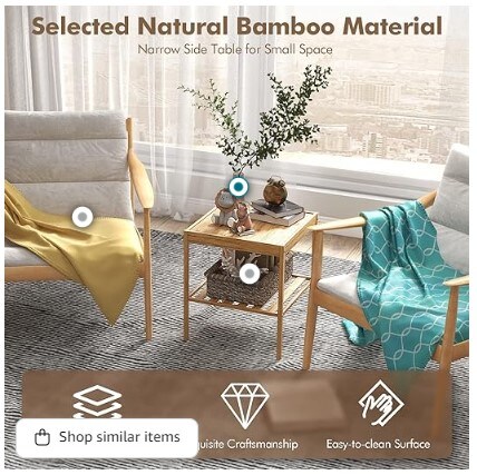 Set of 2 Bamboo Nightstands, Square Bedside Table with Storage Shelf, Natural Wood End Side Table for Bedroom Home Office, Simple Assembly (2)