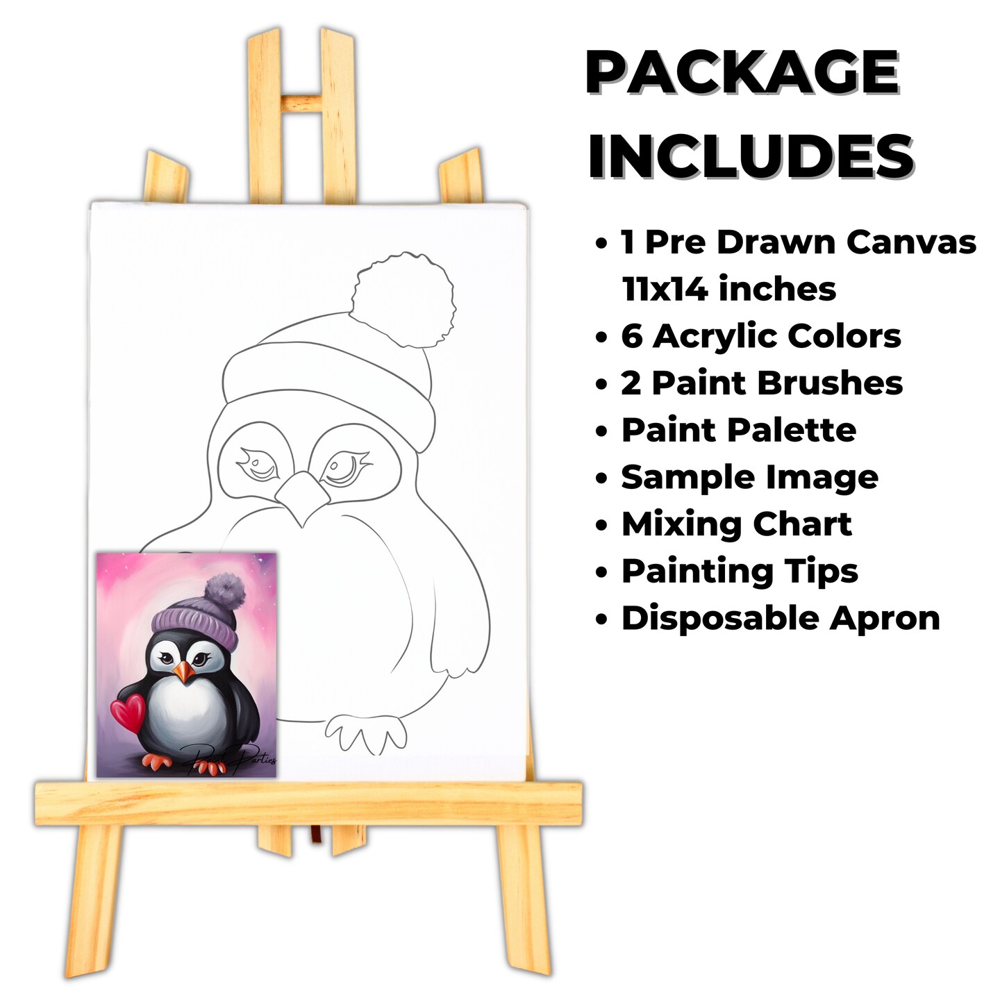 "Heart Penguin" DIY Canvas Art Kit, Adult Beginner, Acrylic Paint Size 11x14 inch