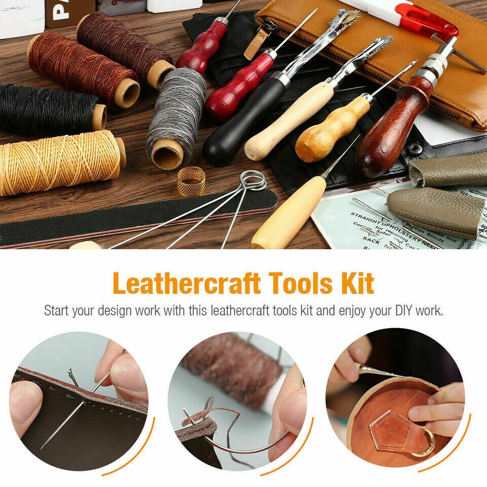 Leather Waxed Thread Stitching Needles Awl Hand Tools Kit .