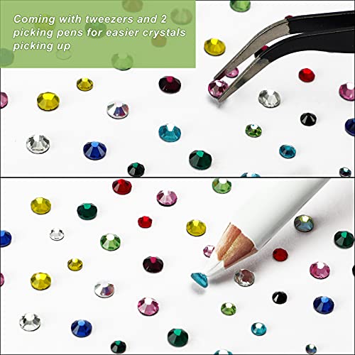 5400 Pieces Multicolor Rhinestones 12 Mixed Color Hotfix Rhinestones Flatback Gemstones and Crystals for Halloween Costume Accessories, Crafts with Tweezers and 2 Picking Pens