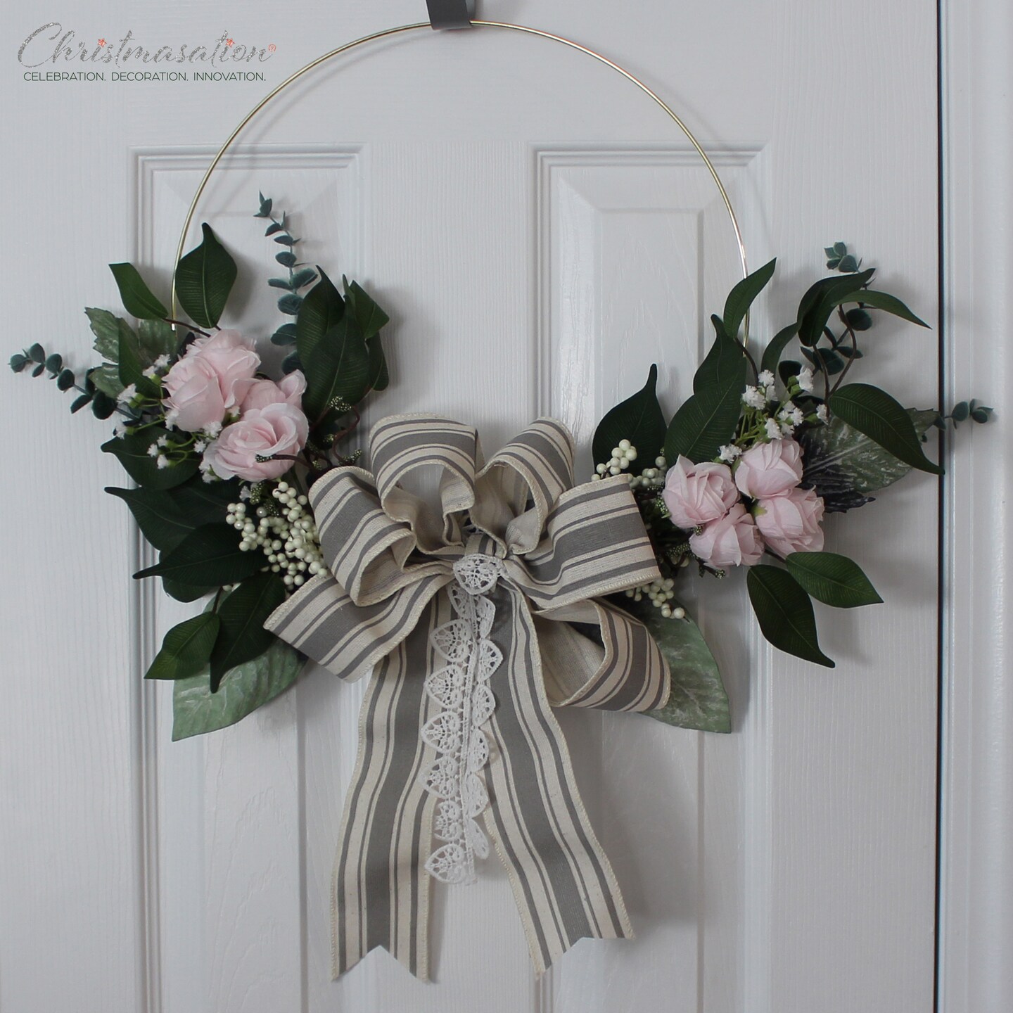 Pink Rose Eucalyptus Dusty Miller Valentine Floral Hoop Wreath
