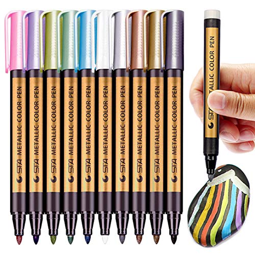 PANDAFLY Metallic Marker Pens, Set of 10 Medium Point Metallic Markers for Black Paper, Rock Painting, Scrapbooking Crafts, Card Making, Ceramics, DIY Photo Album